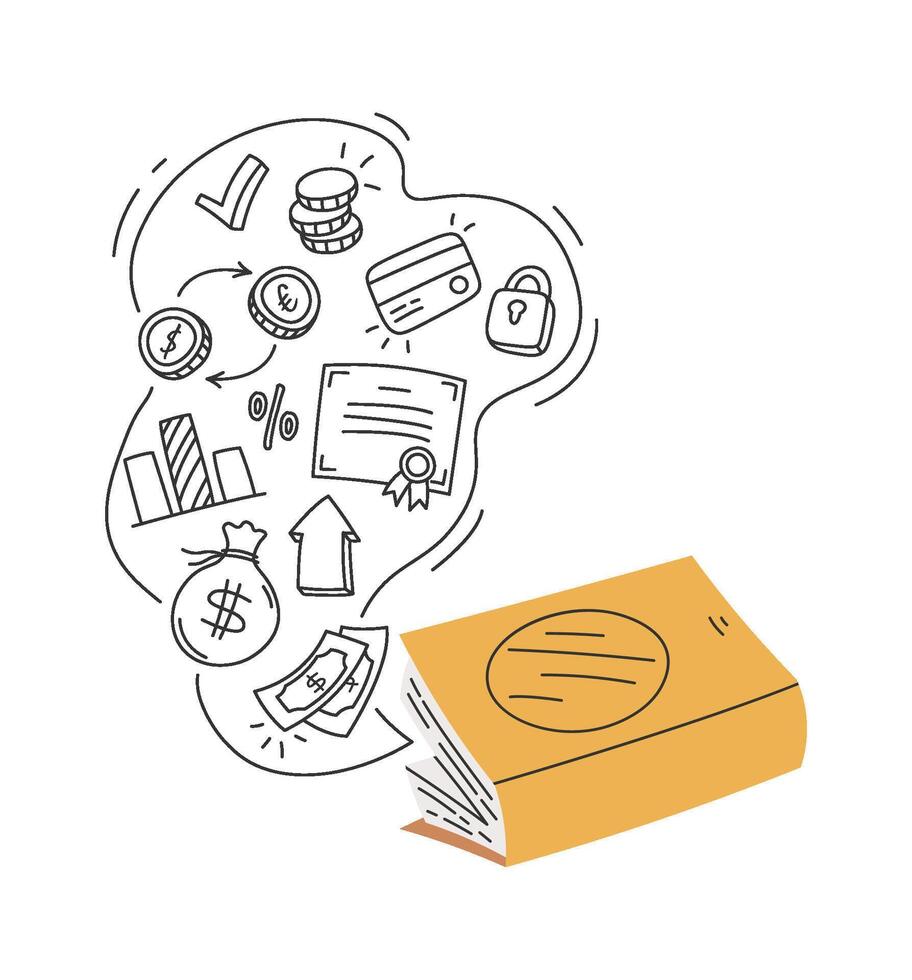 Open economy lesson book with flying elements flat icon vector