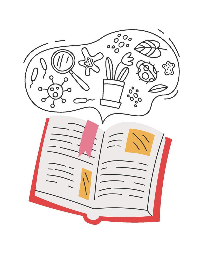 Open biology science book with flying elements flat icon vector