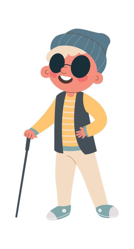 Disability kid flat icon Boy with glasses and blind guide stick vector