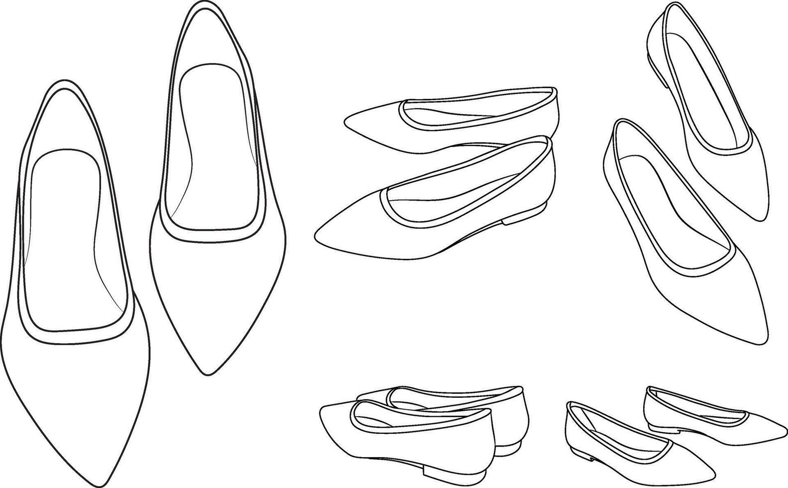 Flat Pink Shoes from Various Angles, Line Art Illustration. vector