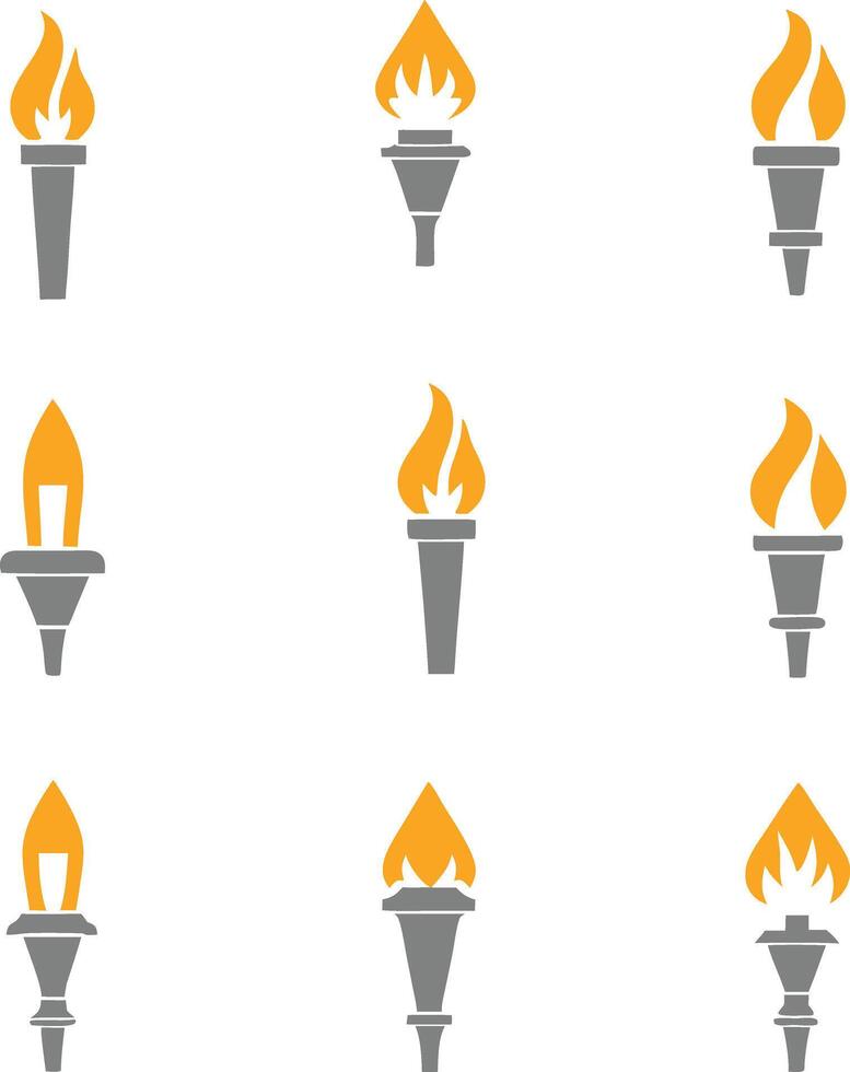 Collection of nine stylized torches with bright flames vector