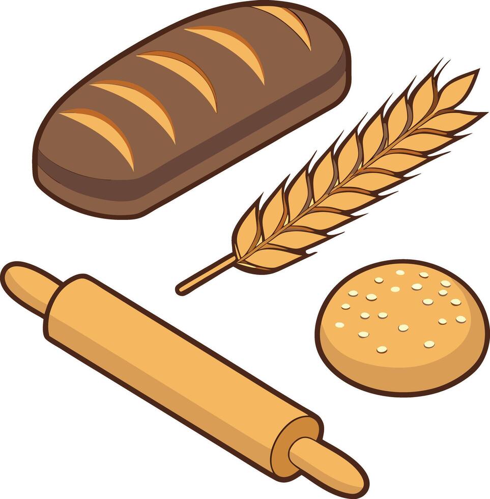 Bakery essentials bread wheat and rolling pin illustration vector