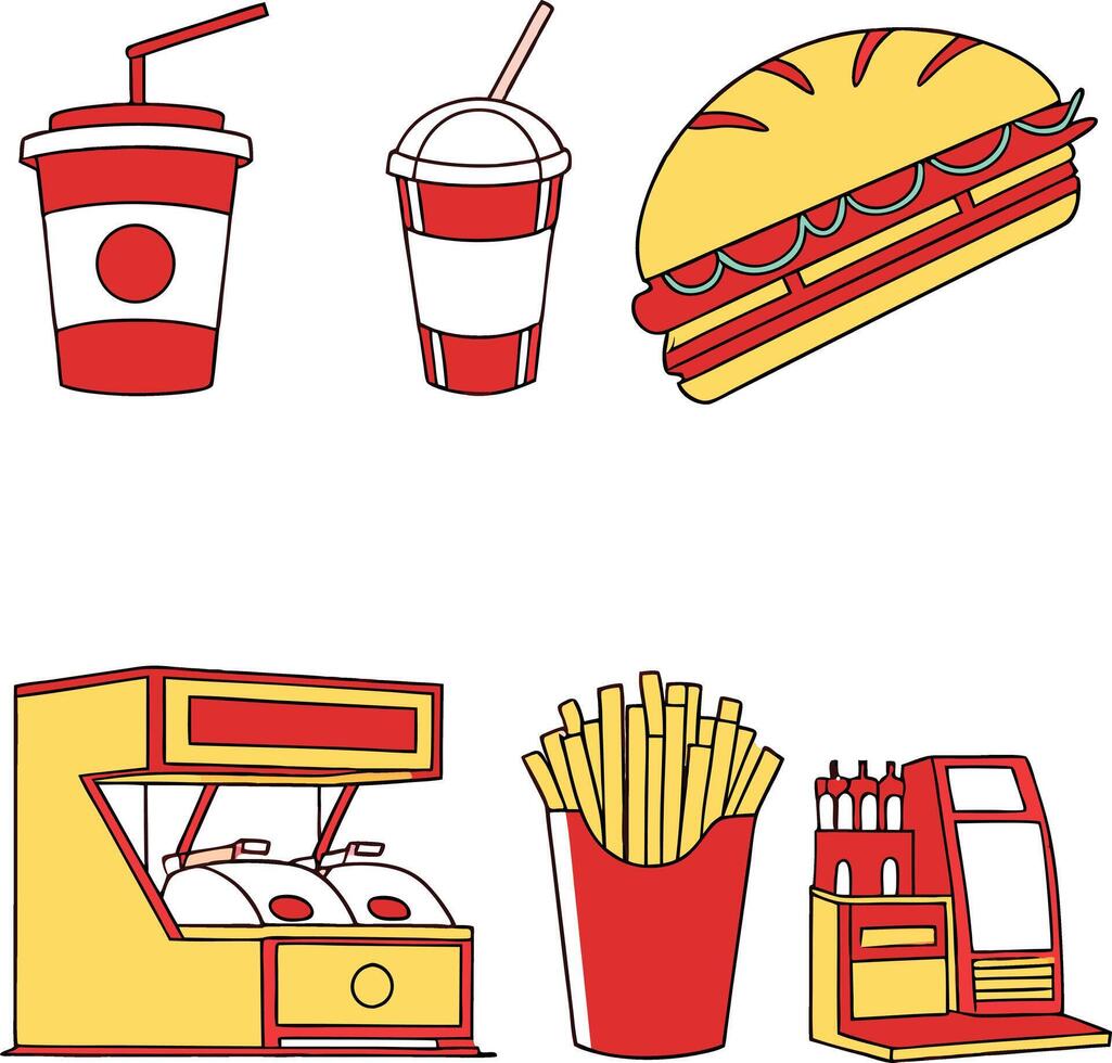 Fast food icons drinks sandwich fries and vending machines vector