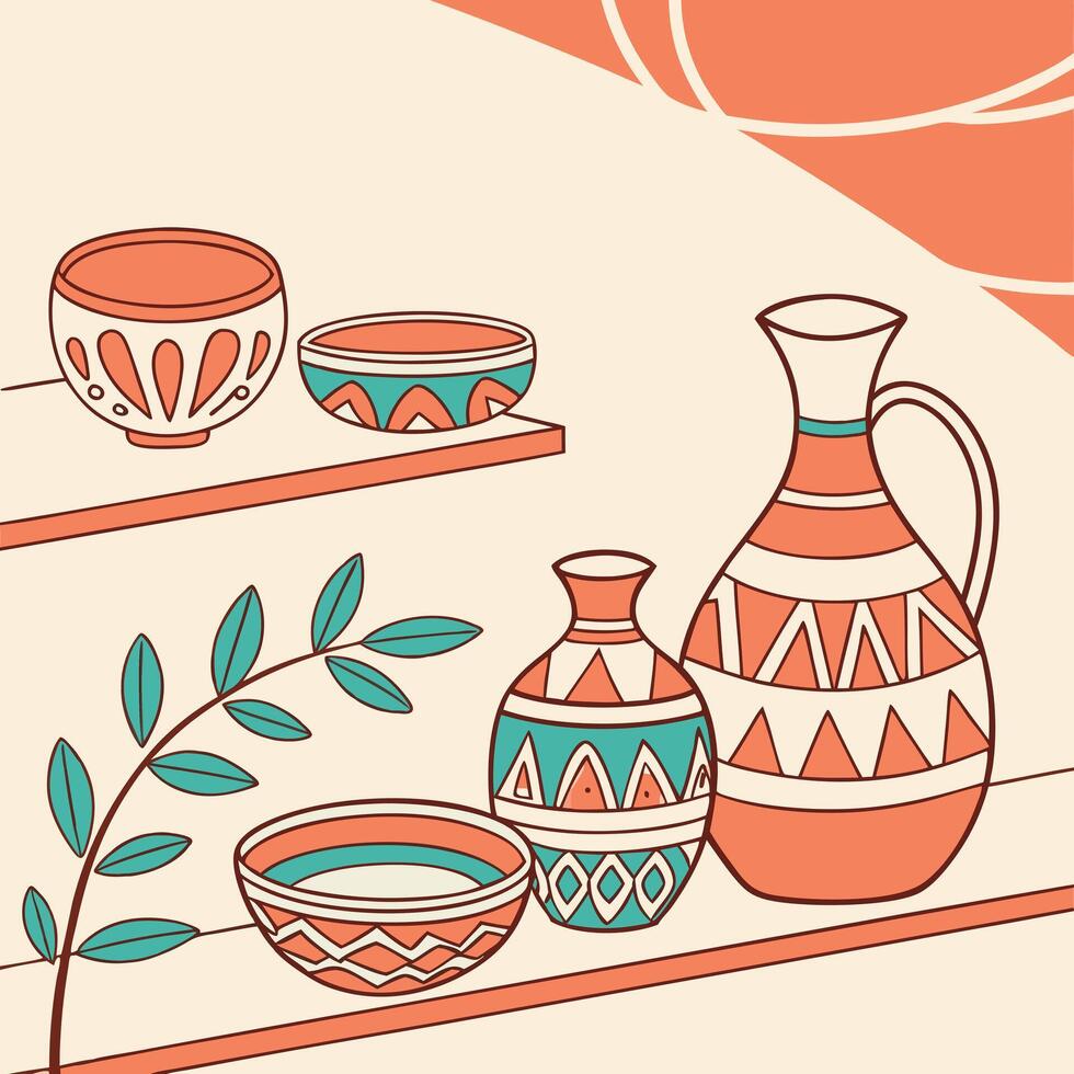 Hand drawn illustration of colorful patterned pottery and a plant vector