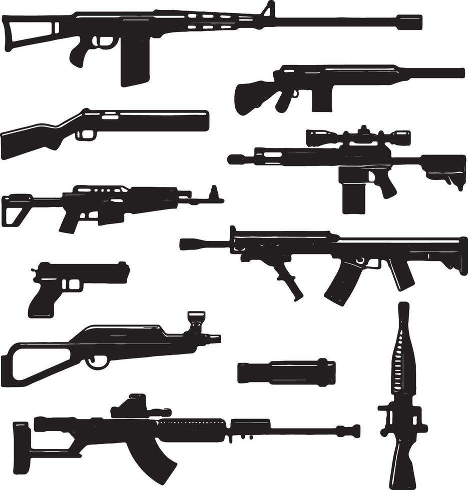 Collection of silhouetted firearms and rifles vector