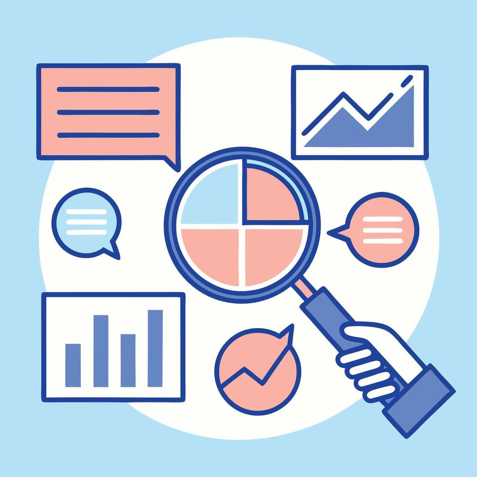 Magnifying glass analyzing business growth charts and data vector