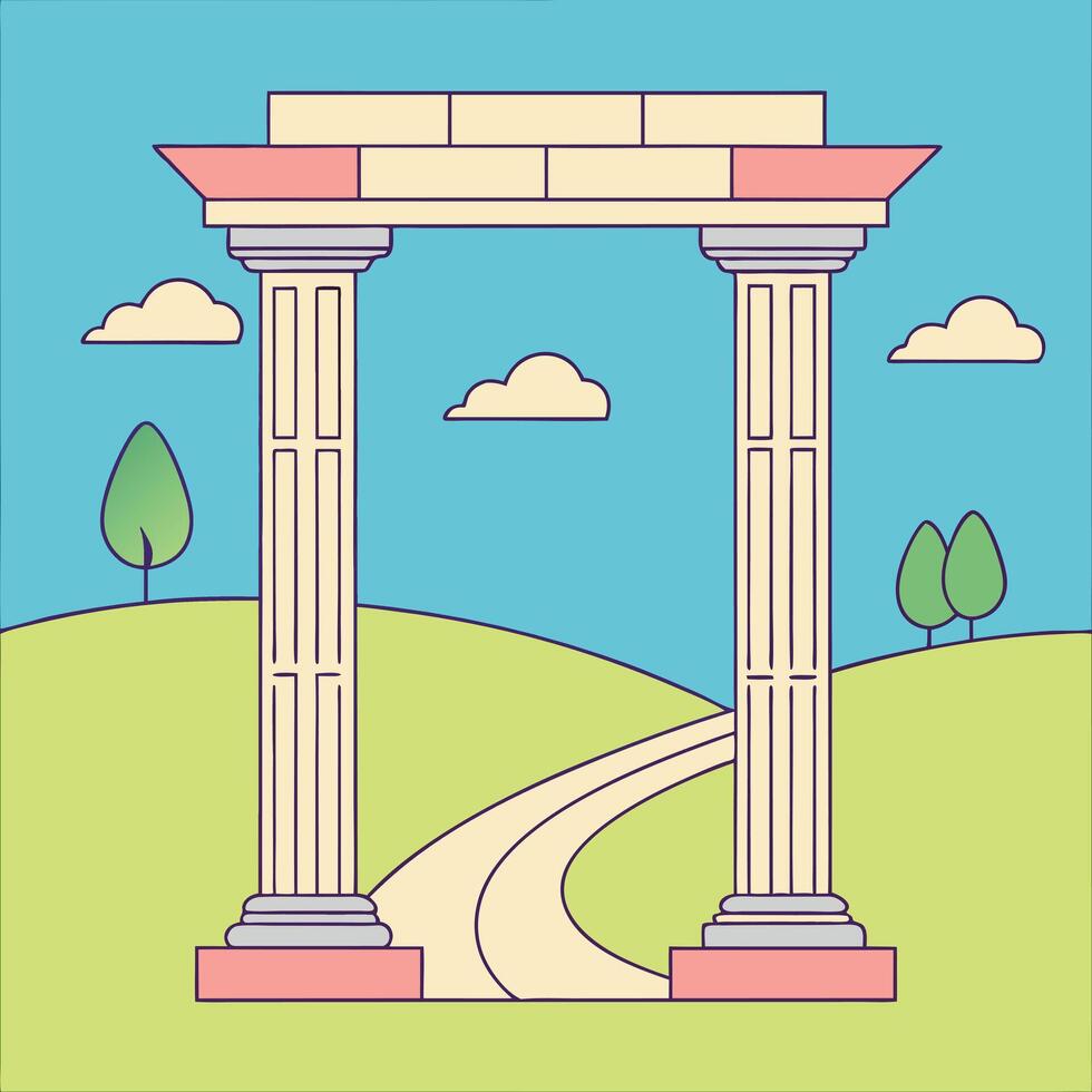 Ancient archway with winding path and rolling hills vector