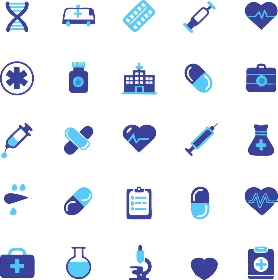 Collection of medical and healthcare icons in blue and teal tones vector