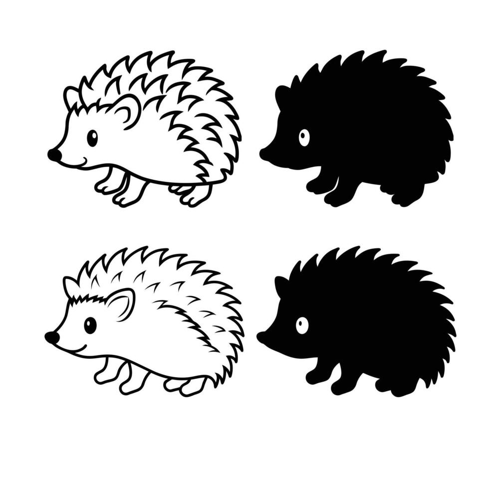Two cute hedgehog illustrations and two black silhouette hedgehogs isolated on white background vector