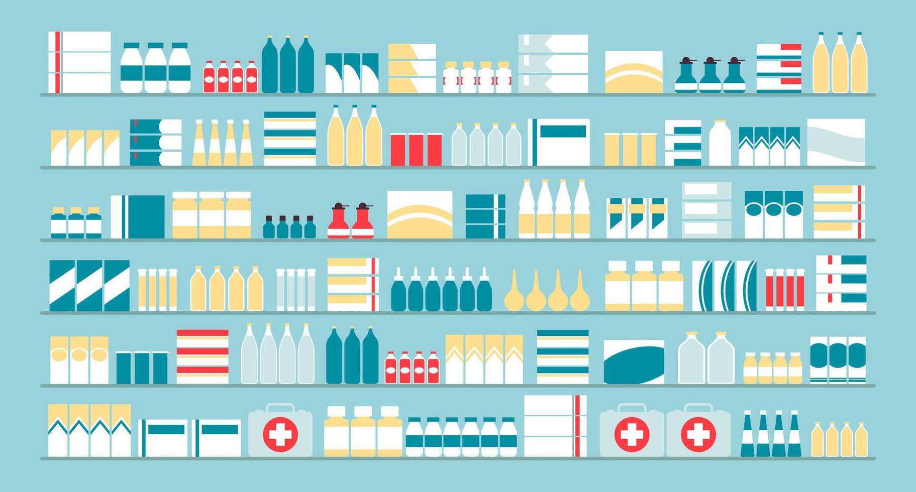 Cartoon Color Different Types Pharmacy Drugs in Rows Set. vector