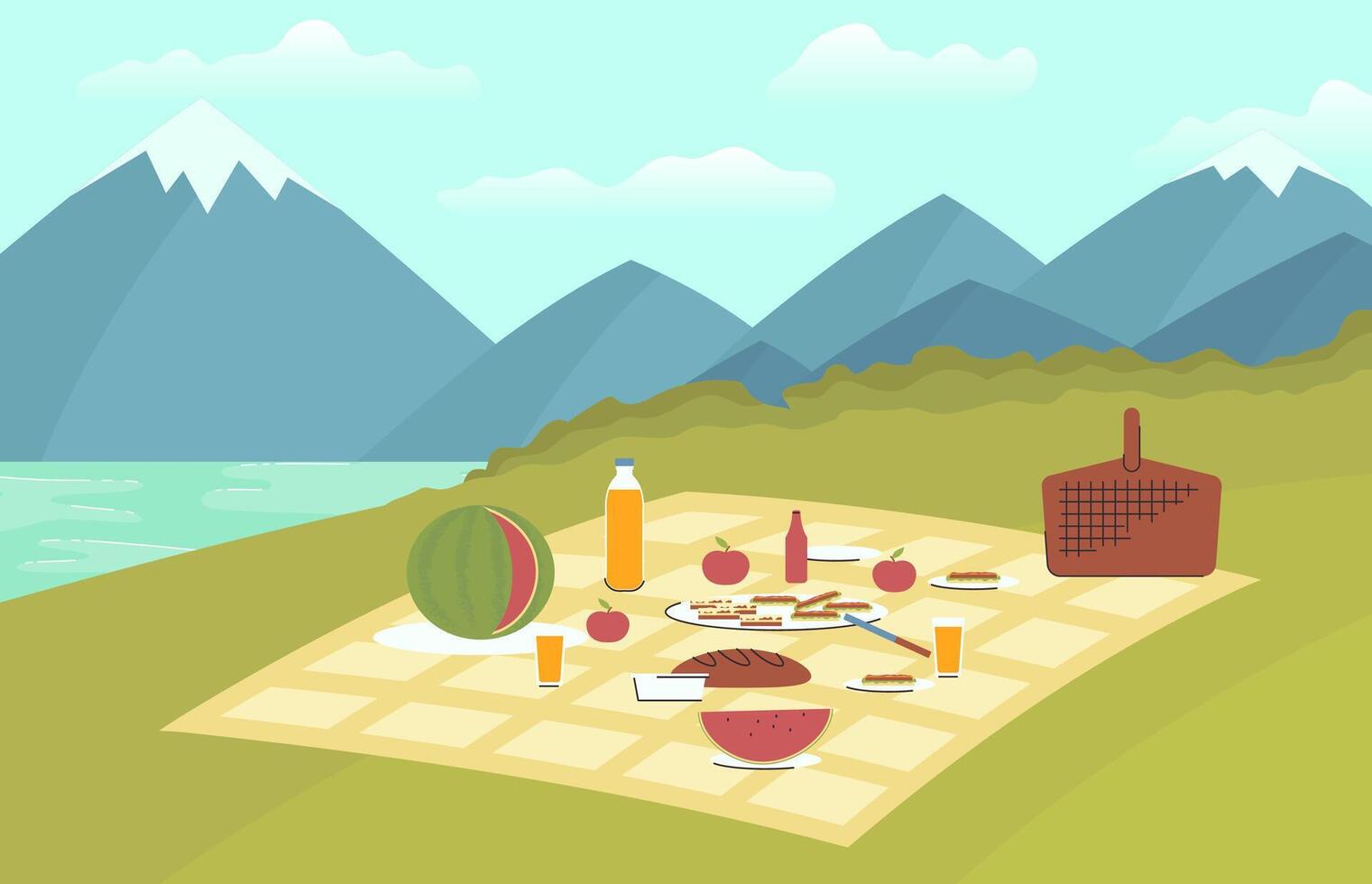 Cartoon Color Summer Picnic Place Concept. vector