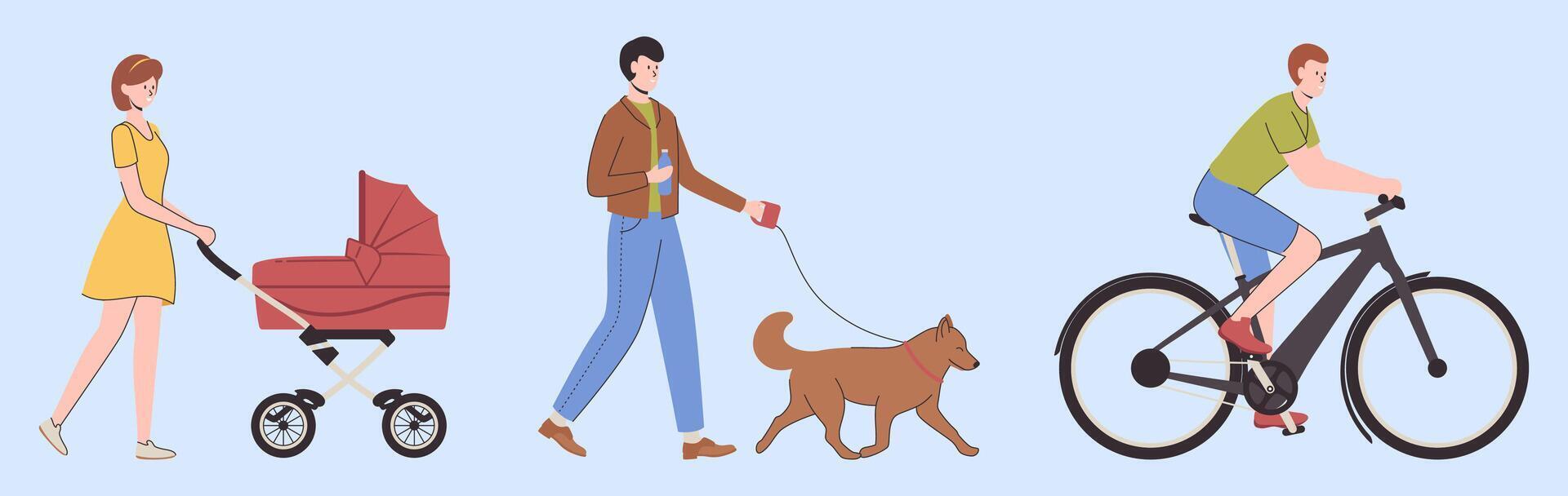 Family activities with stroller, dog, and bike vector