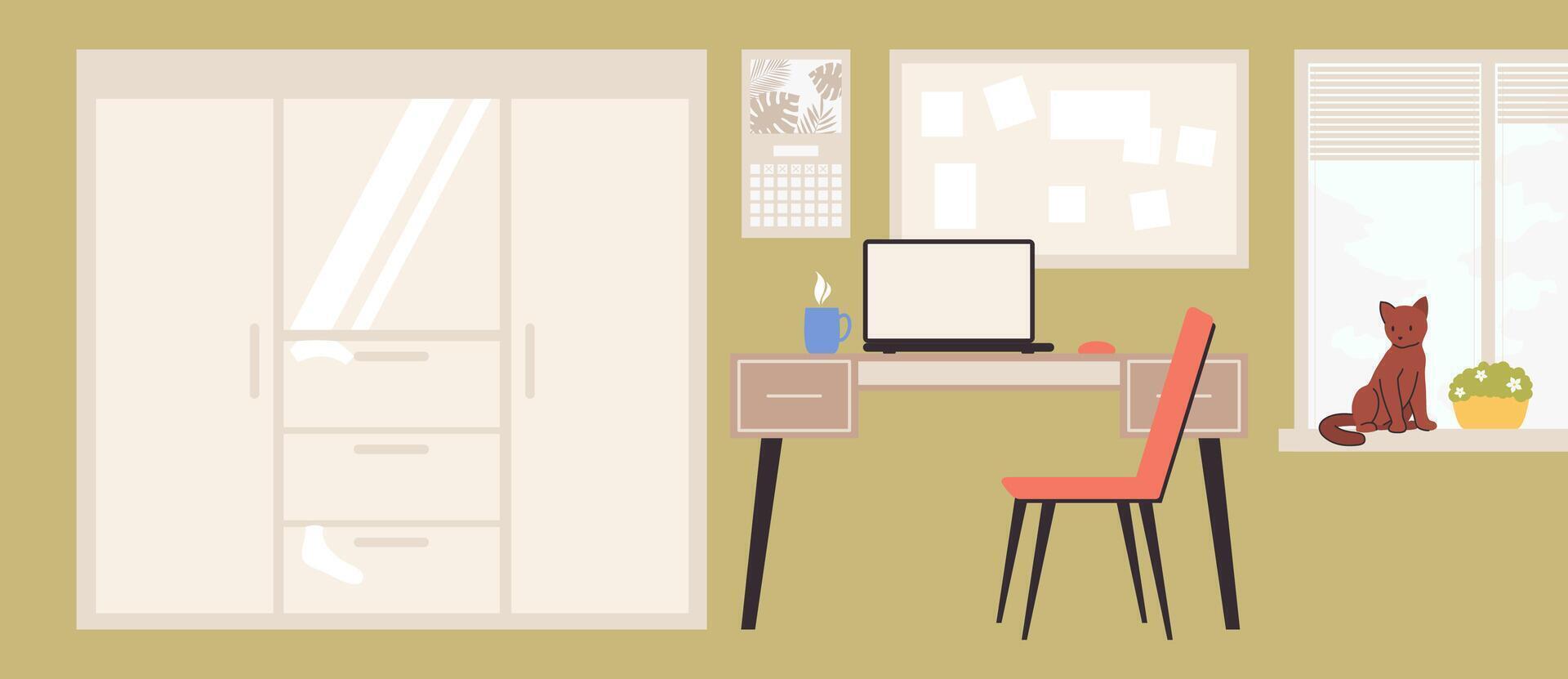 Cozy office with laptop and cat vector