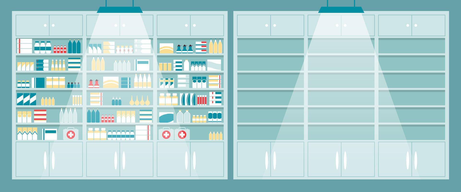 Shelves with products and empty section vector