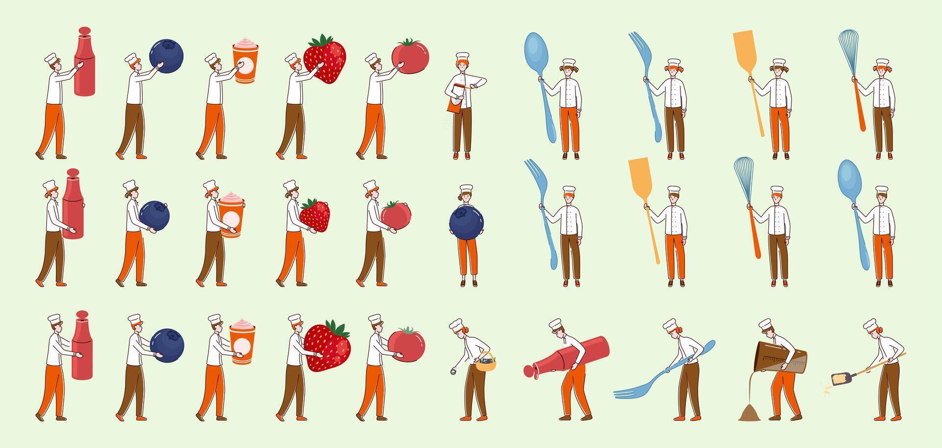 Chefs holding fruits and kitchen tools vector