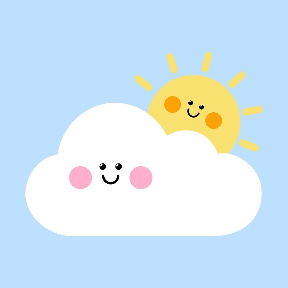A cheerful illustration of a cute sun and cloud with happy smiling faces. Adorable kawaii characters representing a sunny day friendship and positive feelings. Perfect for kids and nursery art vector