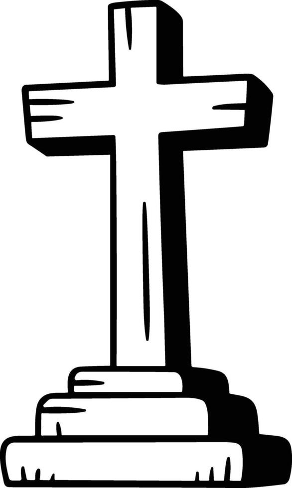 Hand Drawn Cross Gravestone - Religious Tombstone Line Art Illustration vector