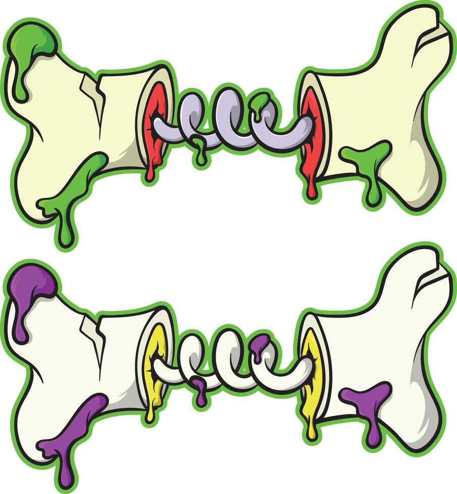 Cartoon Broken Bones with Spiral Connectors and Colorful Slime vector