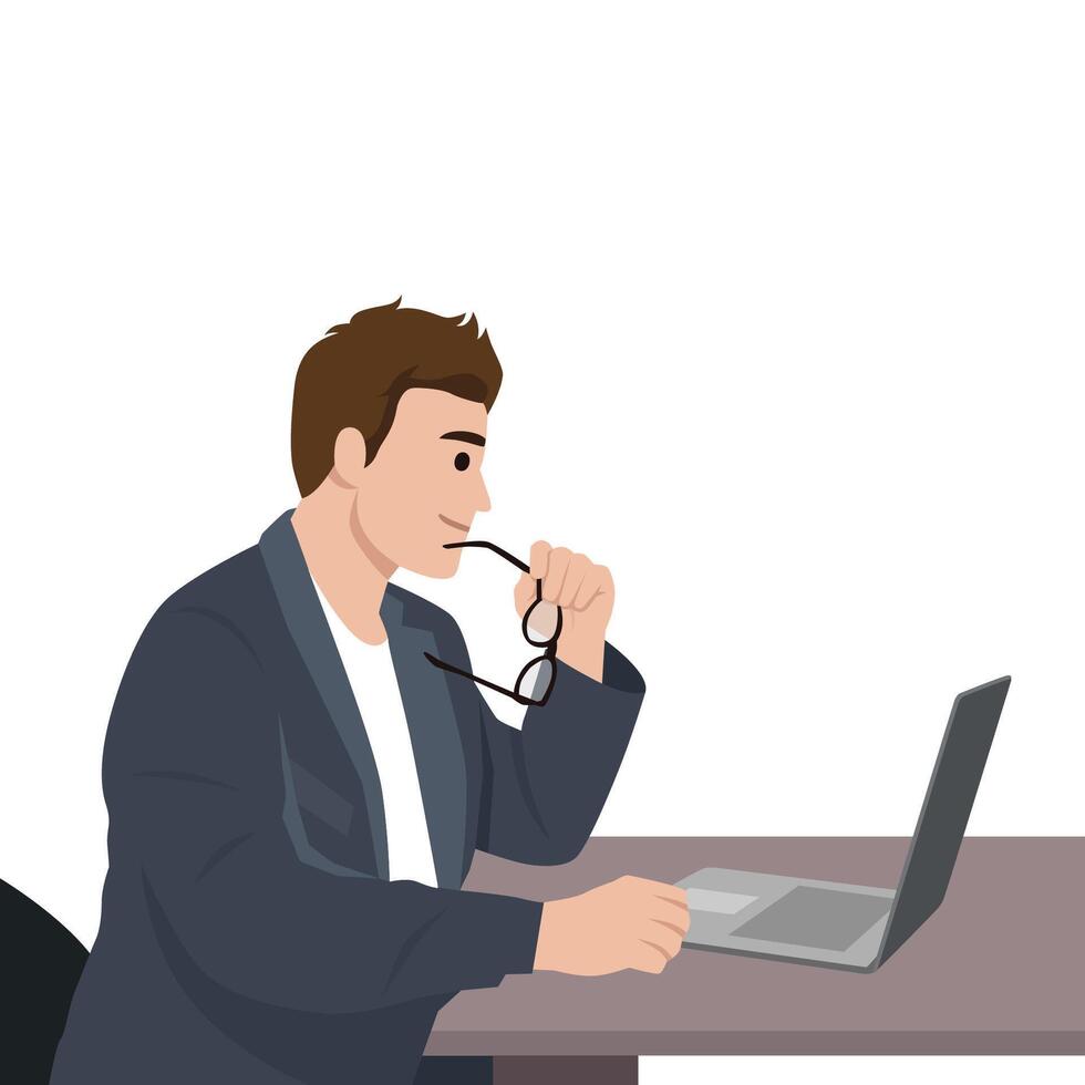 Professional man in blazer thoughtfully analyzing something on his laptop while holding his glasses. vector