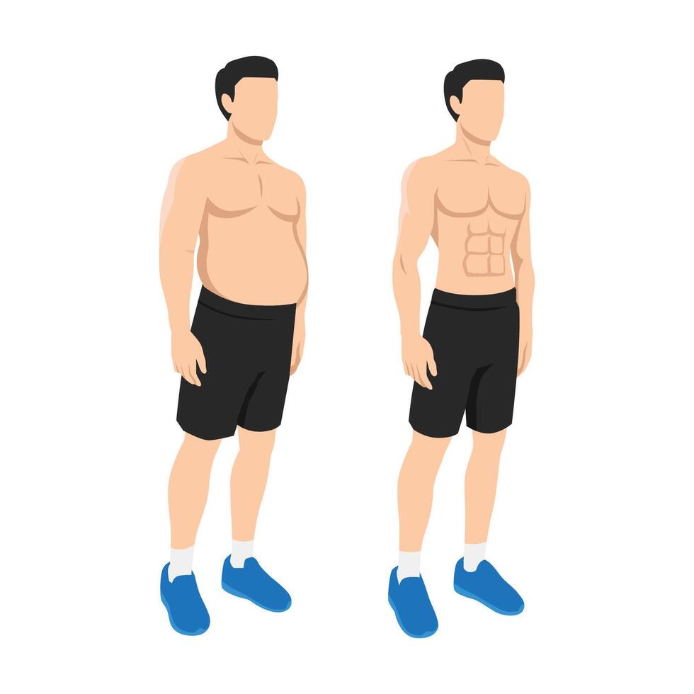Before and After Fitness Transformation. Male Body Comparison Physical from overweight to fit. vector