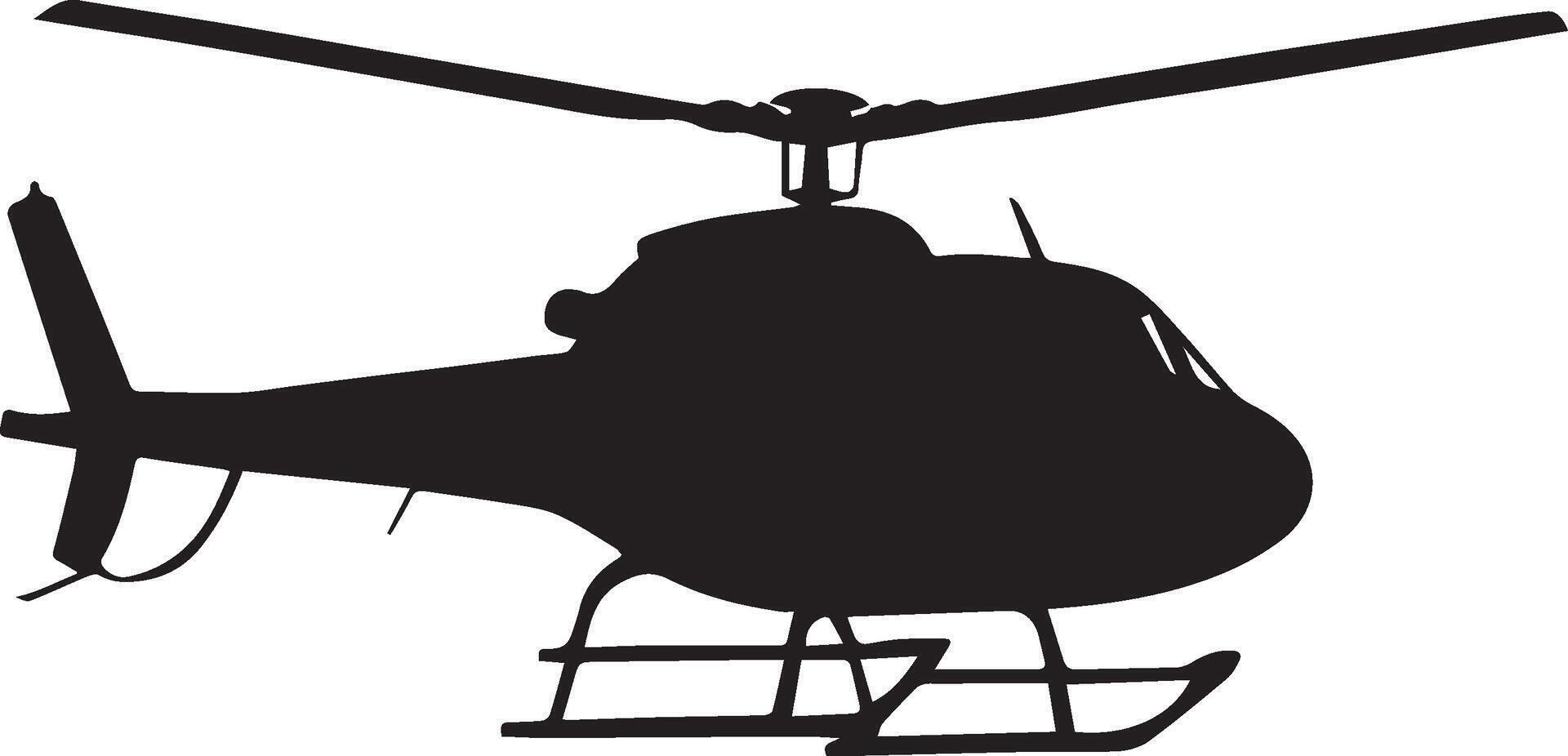Black helicopter silhouette with rotor and landing gear blades tail vector