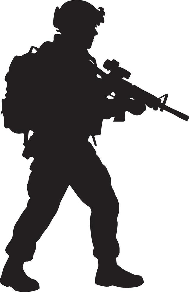 Soldier aiming rifle helmet backpack tactical gear military combat vector