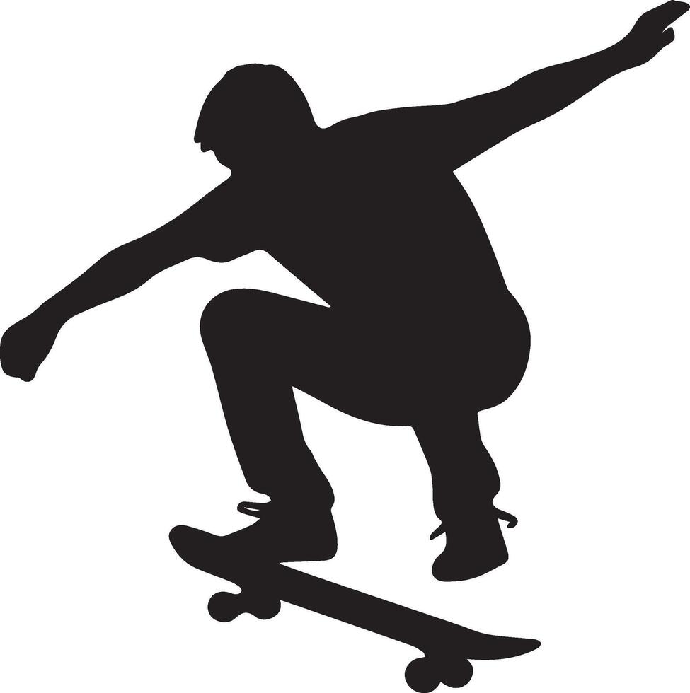 Black silhouette of a skateboarder performing a jump white vector