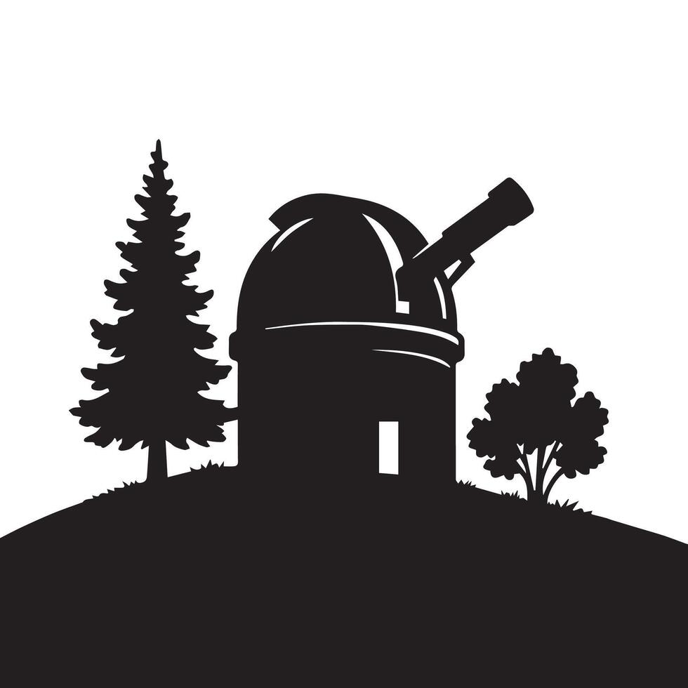 Observatory dome with telescope and trees silhouette building structure vector
