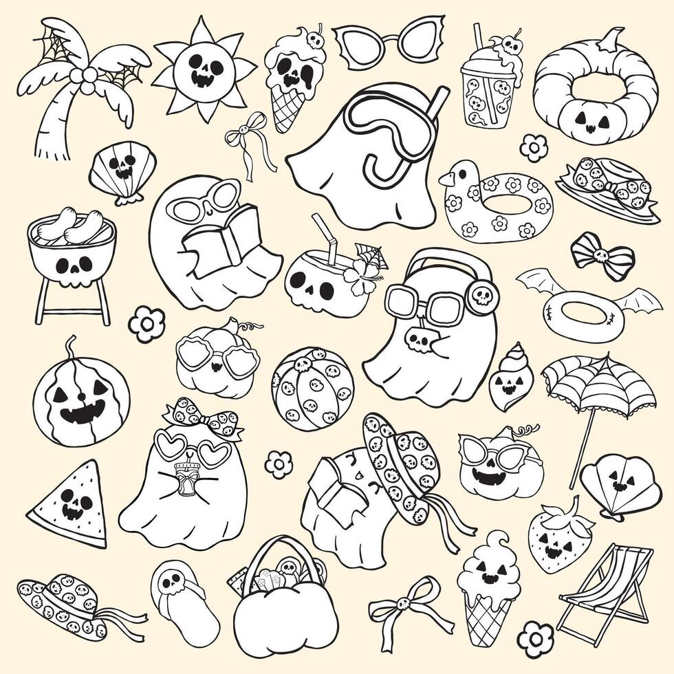 Cute Summerween ghost Halloween Summer Cartoon doodle Outline hand drawn Black and white Element Collection vector