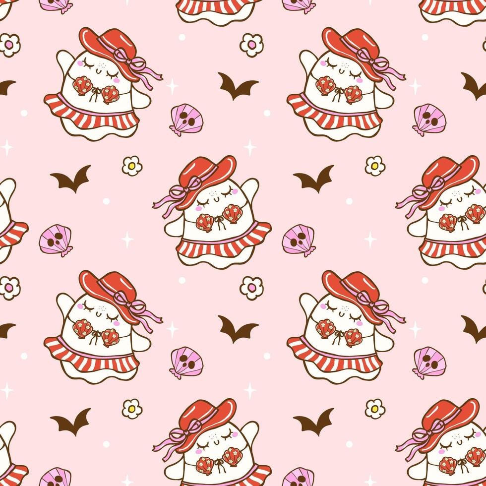 Cute ghost pattern with hats and bats vector