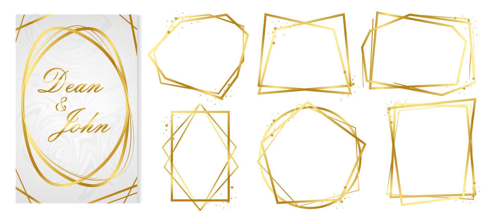 VIP Geometric Wedding Invitation, Set of Golden Frames. Birthday, New Year, Christmas Holidays Border Collection. Sparkle Gradient Rich Golden Ads, Wedding Card Background. Polygon Borders Set vector