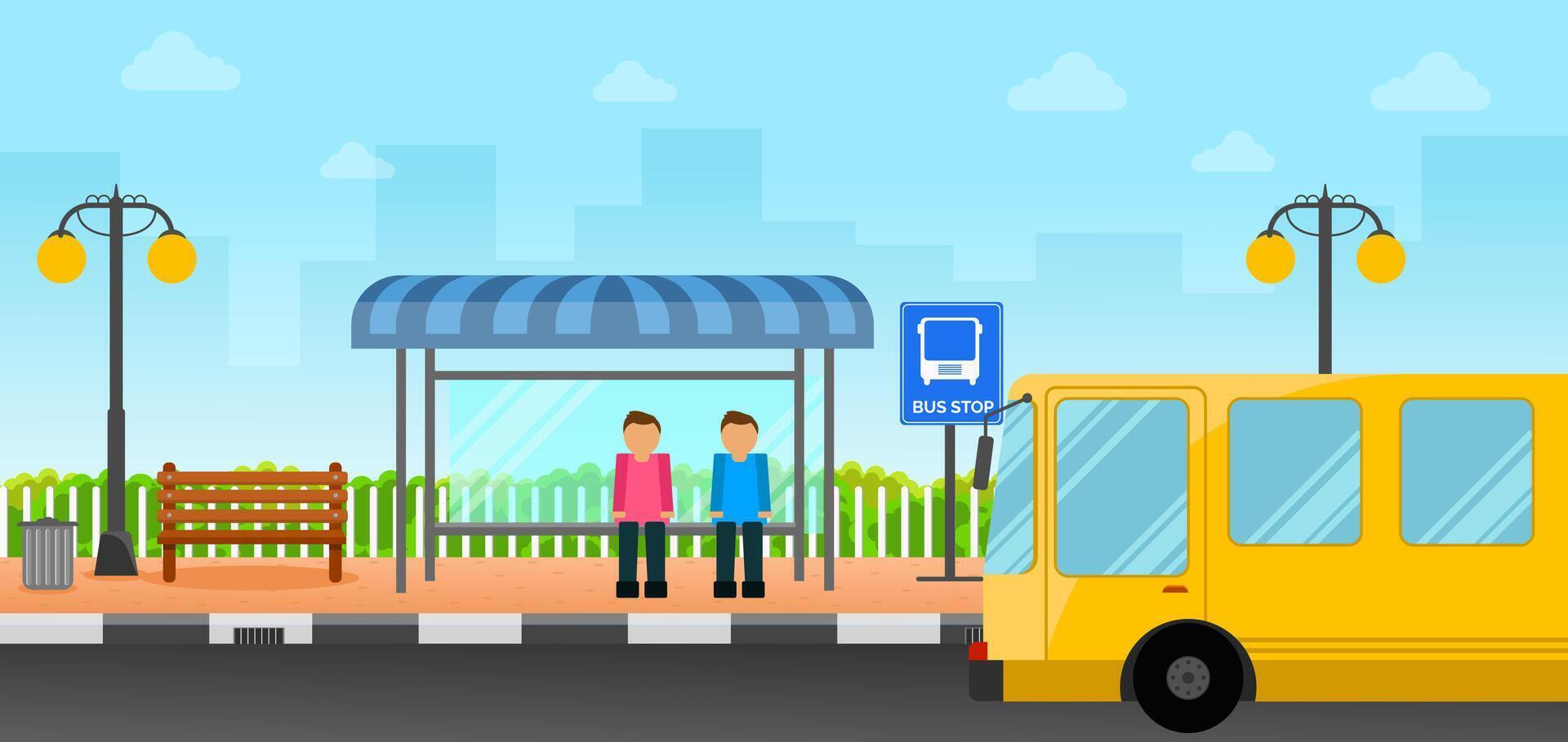 Colorful bus stop with waiting passengers. vector