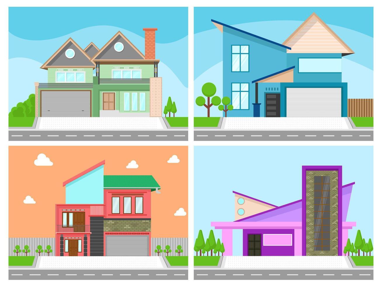 Four colorful modern house illustrations vector