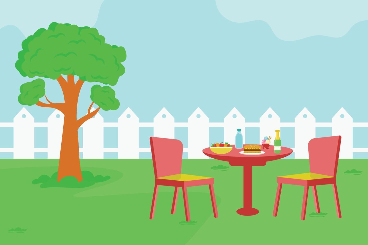 Outdoor dining table with food and drinks vector