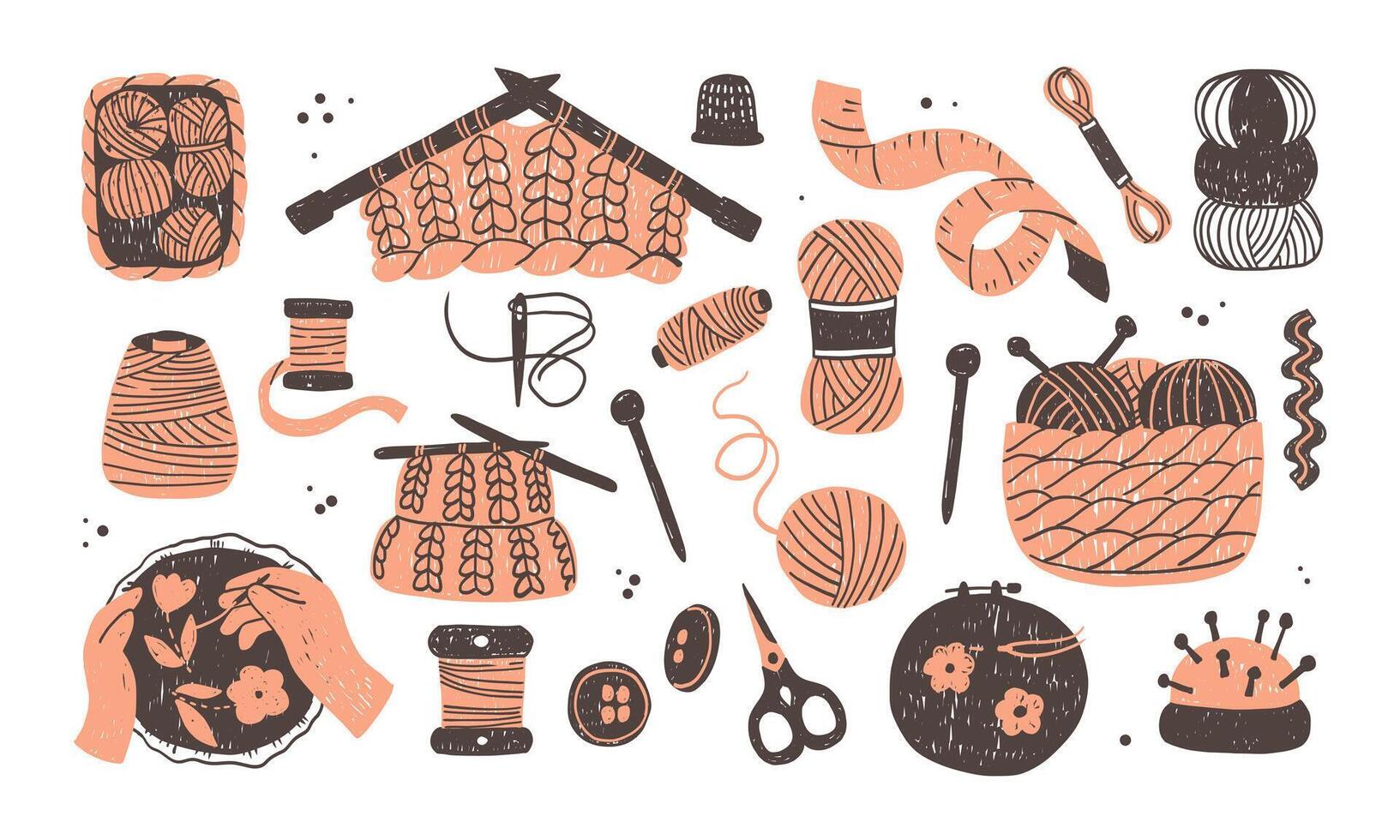 Set of hand-drawn doodles for needlework. Knitting, embroidery, sewing vector