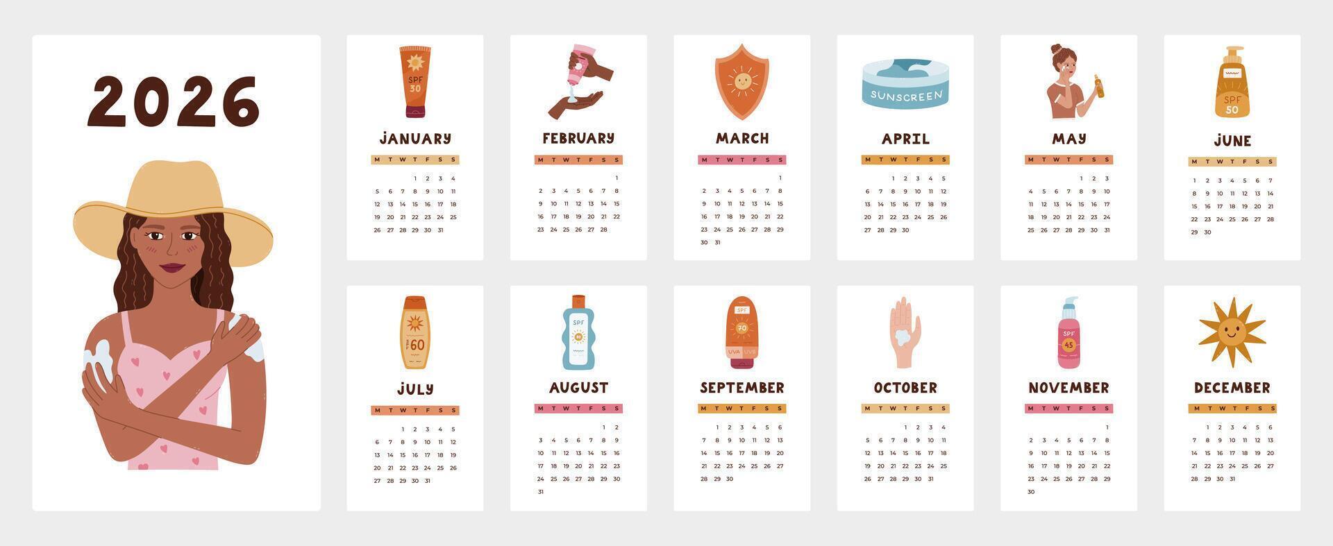 Lovely calendar template for 2026 year with SPF protection cartoon clipart. Calendar grid with weeks starts on Monday for company, nursery. Vertical monthly calender layout with protective cosmetic. vector