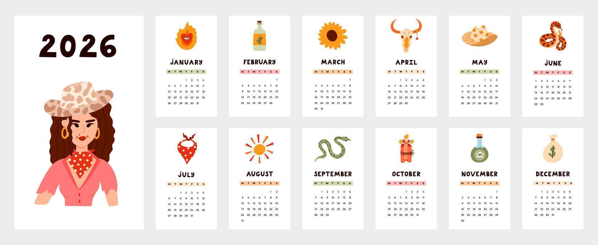 Lovely calendar template for 2026 year with western, cowgirl, Texas cartoon clipart. Calendar grid with weeks starts on Monday for kids nursery, office. Vertical monthly calender layout for schedule. vector