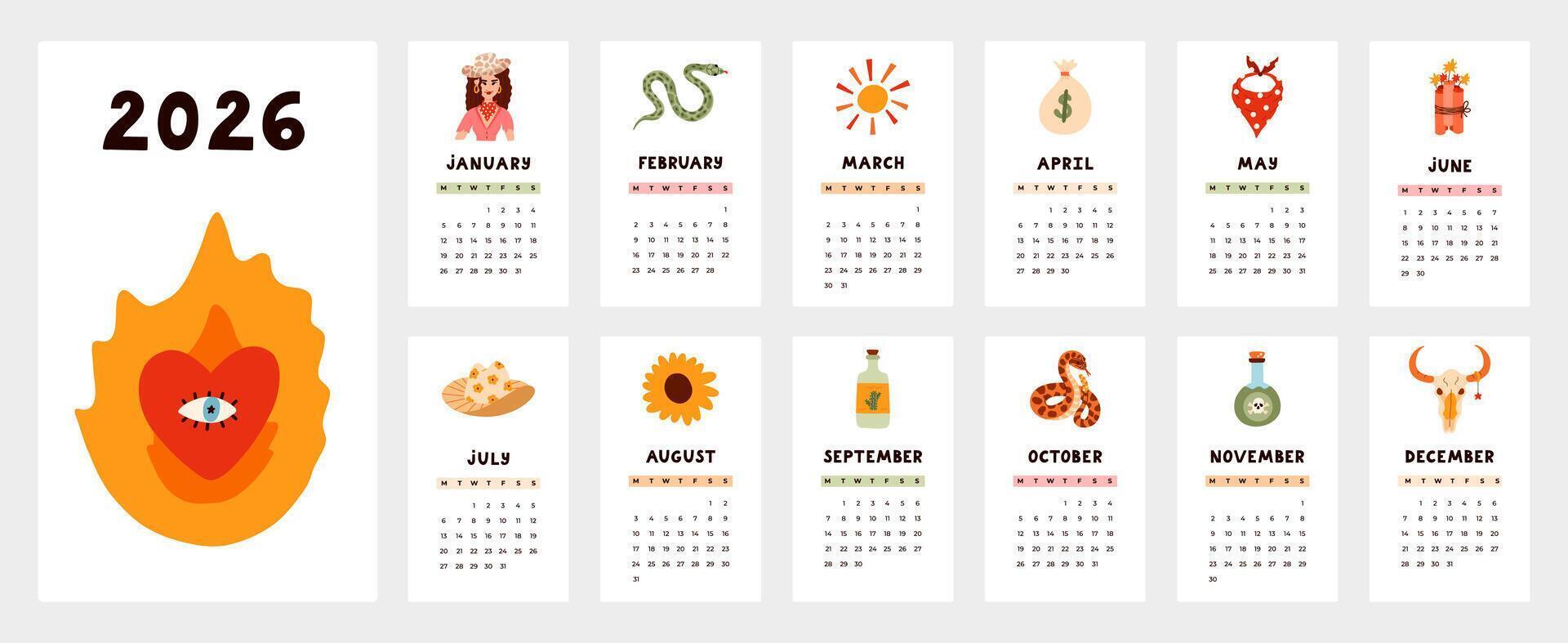 Lovely calendar template for 2026 year with Wild West and cowboy cartoon clipart. Calendar grid with weeks start on Monday for kids nursery, office. Vertical monthly calender layout for planning. vector