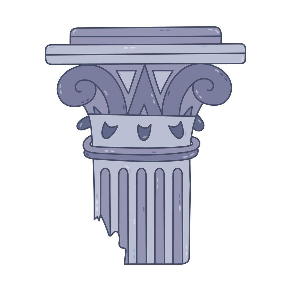 Lovely colourful antique Greek pillar with ruined bottom. Classical elegant marble column of Roman architectural temple, museum, capital. Hand drawn doodle of ancient architecture heritage vector
