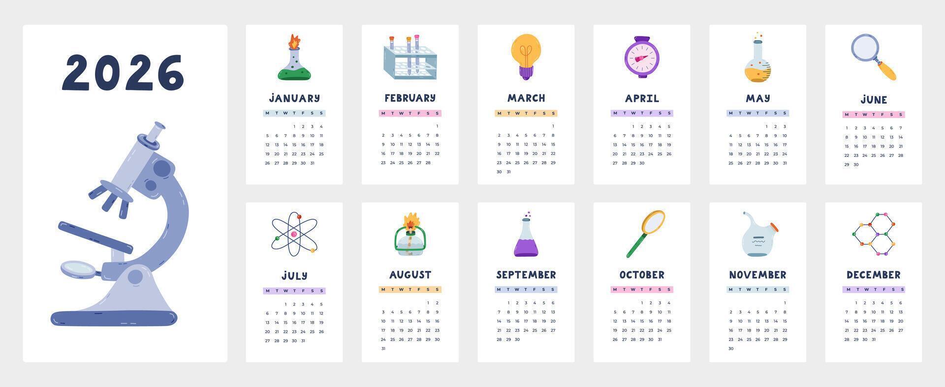 Lovely science calendar template for 2026 year with chemistry and laboratory cartoon clipart. Calendar grid with weeks starts on Monday for kids nursery. Vertical monthly calender layout for planning. vector