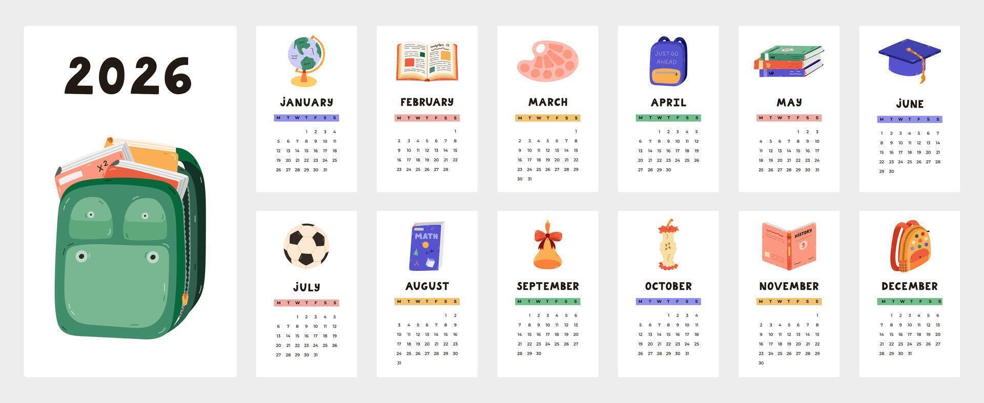 Childish education calendar template for 2026 year with cartoon clipart of school supply and stationery. Calendar grid with weeks starts on Monday for kids nursery. Vertical monthly calender layout. vector