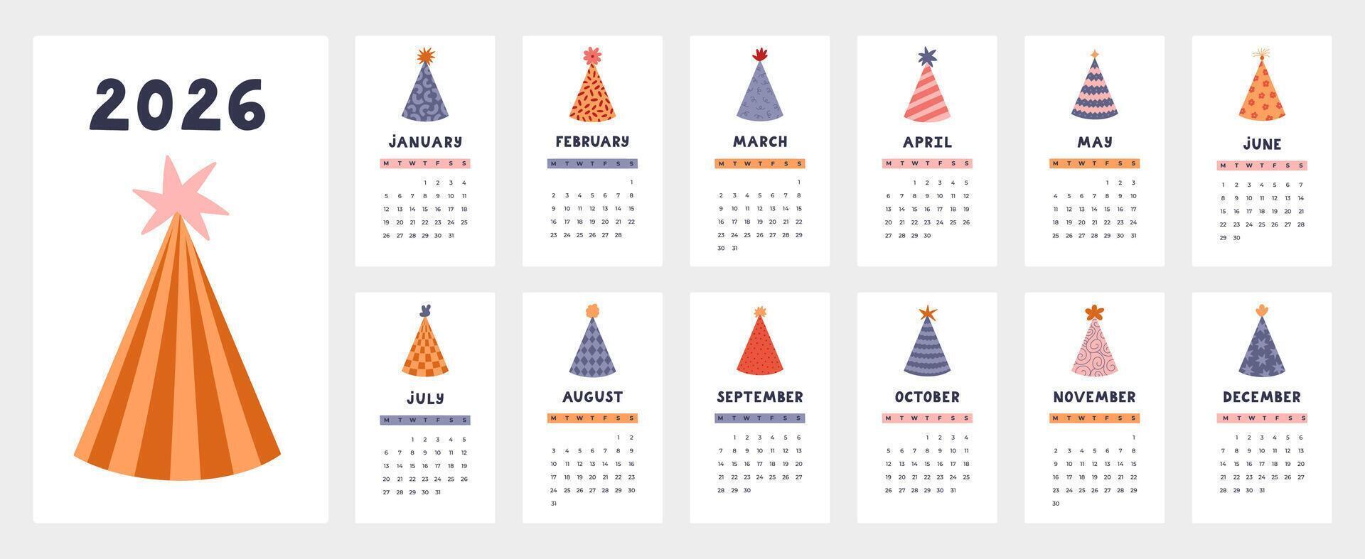 Lovely calendar template for 2026 year with birthday party hat cartoon clipart. Calendar grid with week starts on Monday for kids nursery, carnival office. Vertical paper cone monthly calender layout. vector