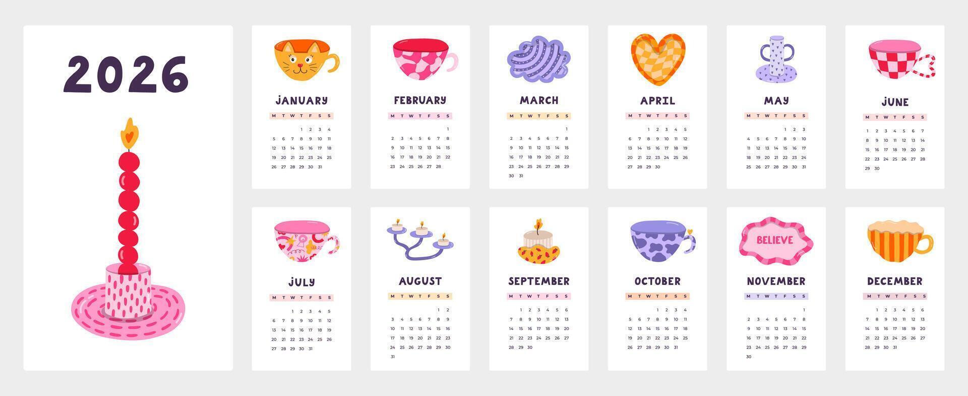 Lovely calendar template for 2026 year with funky hand made pottery cartoon clipart. Calendar grid with weeks starts on Monday for kid nursery, craftsman office. Vertical monthly calender layout. vector