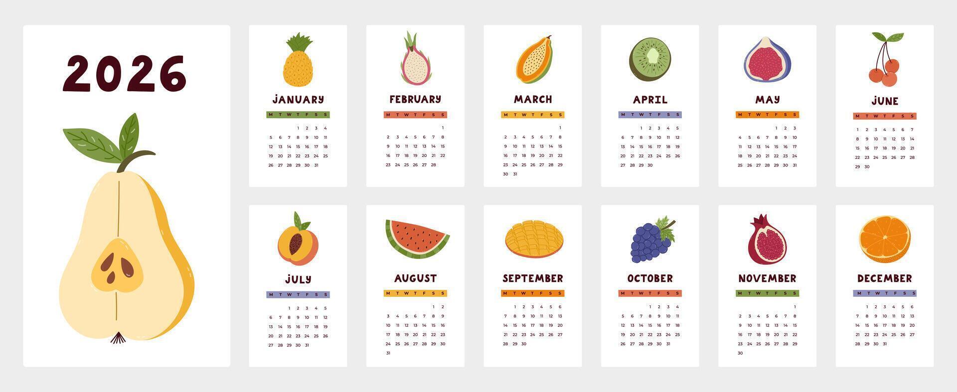 Lovely calendar template for 2026 year with tropical fruits, exotic berries cartoon clipart. Calendar grid with weeks starts on Monday for kids nursery, restaurant. Vertical monthly calender layout. vector