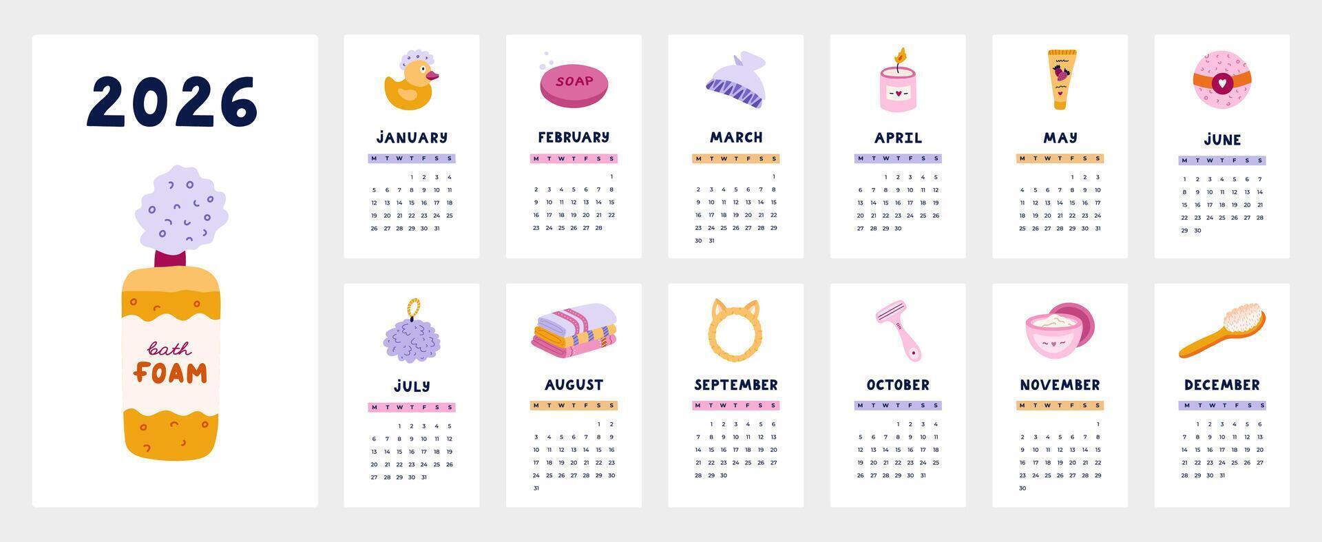 Lovely calendar template for 2026 year with cartoon hygiene, shower, bathroom clipart. Calendar grid with weeks starts on Monday for kids nursery. Vertical monthly calender layout for schedule. vector