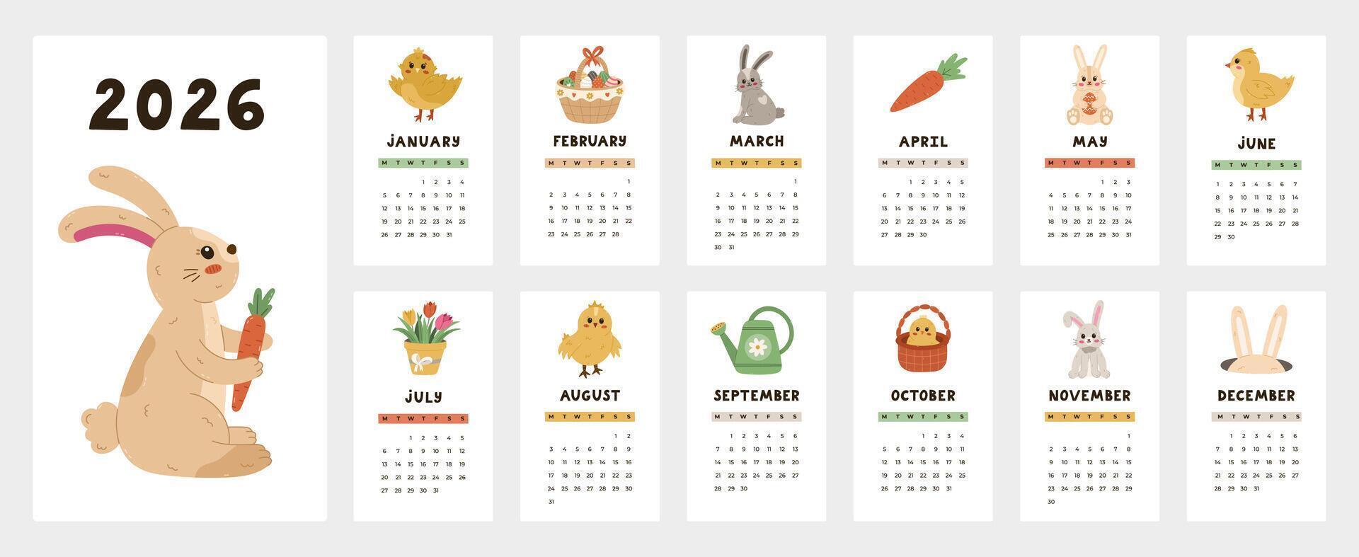 Lovely calendar template for 2026 year with furry bunny, ornate eggs, baby chicken clipart. Calendar grid with weeks starts on Monday for kids nursery, office. Vertical monthly calender layout. vector