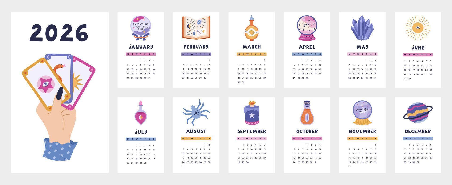 Lovely calendar template for 2026 year with esoteric and wizard cartoon clipart. Calendar grid with weeks starts on Monday for kids nursery, company, stationery. Vertical monthly calender layout. vector