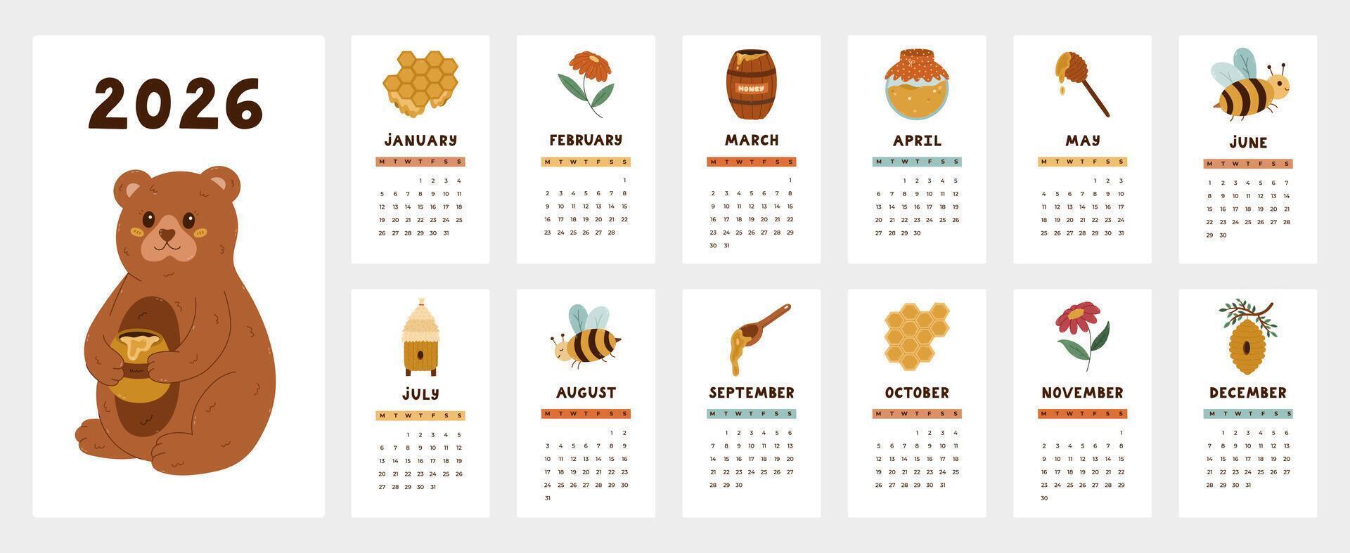 Lovely calendar template for 2026 year with honey making cartoon clipart, bear, bee. Calendar grid with weeks starts on Monday for kids nursery, office. Vertical beekeeping monthly calender layout. vector