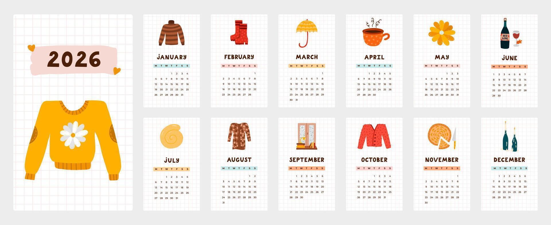 Lovely calendar template for 2026 year with cosy scandinavian cartoon clipart. Calendar grid with weeks starts on Monday for kids nursery, corporate office. Vertical hygge monthly calender layout vector