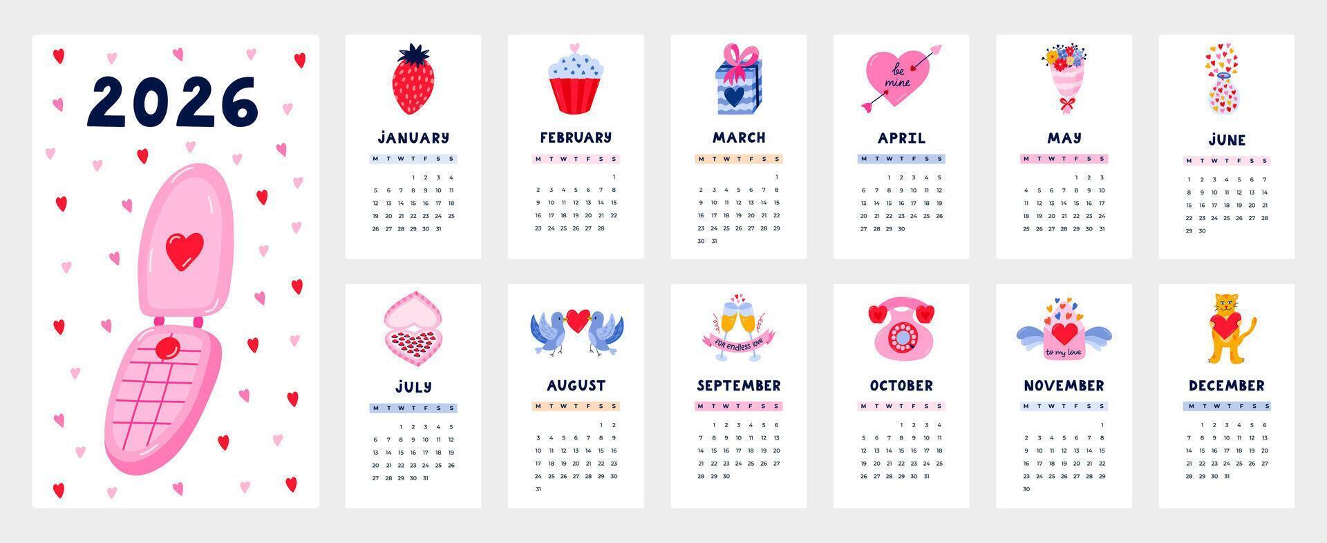 Lovely calendar template for 2026 year with romantic love cartoon clipart. Calendar grid with weeks starts on Monday for kids nursery, office. Vertical monthly calender layout about relationship. vector